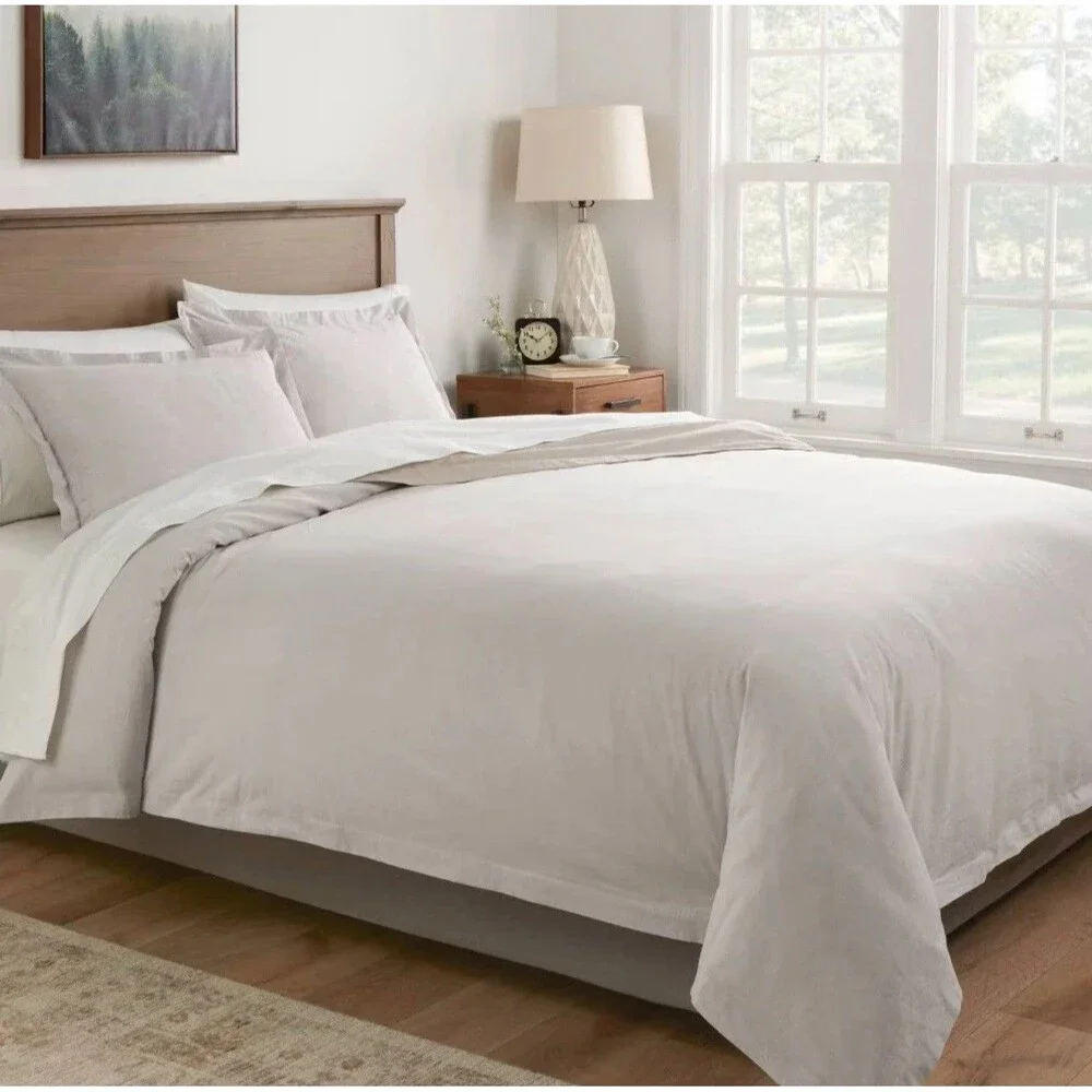 Full/Queen Linen Chambray Duvet Cover & Sham Set Light Gray Threshold NEW